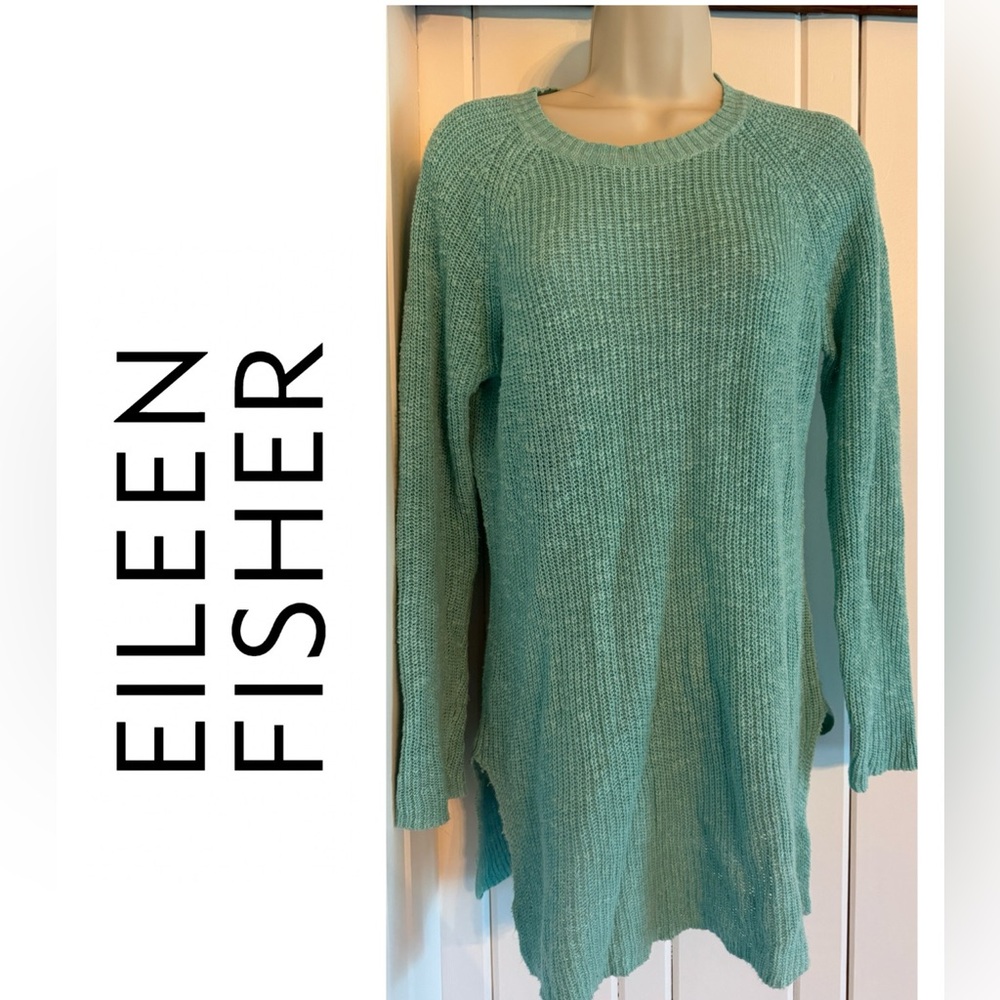 Eileen Fisher Organic Linen blend Aqua Tunic Crew Neck. Slightly oversized.  XXS